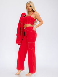 WOMEN'S SLEEVELESS CROP TOP & BUTTON CLOSURE WIDE LEG PANTS DENIM 2PC SET
