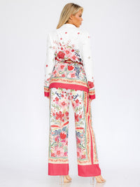 WOMEN'S LONG SLEEVE KIMONO & WIDE LEG PANTS FLORAL 2PC SET