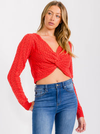 WOMEN'S LONG SLEEVES FRONT TWIST KNIT CROP TOP
