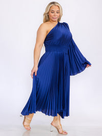 PLUS SIZE ONE SHOULDER LONG BELL SLEEVE SMOCK WAIST PLEATED MAXI DRESS