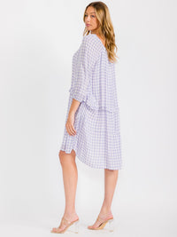 WOMEN'S SHORT SLEEVES HIGH-LOW ELASTIC NECK PLAID MIDI DRESS