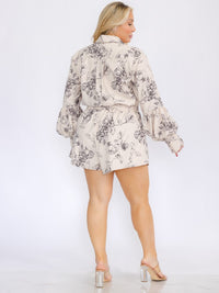 PLUS SIZE LONG SLEEVE BUTTON UP FRONT POCKETS PRINTED ROMPER