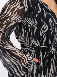 PLUS SIZE LONG SLEEVE SURPLICE FRONT POCKETS PRINTED ROMPER