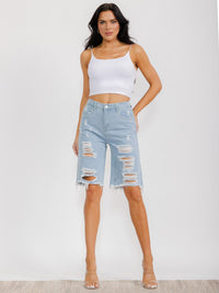 WOMEN'S BUTTON CLOSURE POCKETS DISTRESS DENIM SHORTS