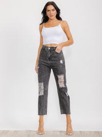 WOMEN'S BUTTON CLOSURE FRONT POCKETS DISTRESS DENIM PANTS