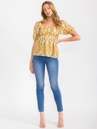 WOMEN'S SHORT PUFF SLEEVES SQUARE NECK FLORAL BLOUSE