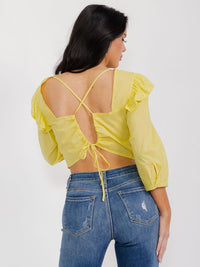 WOMEN'S 3/4 SLEEVES OPEN BACK RUFFLE EYELET CROP TOP