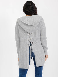 WOMEN'S LONG SLEEVE OPEN FRONT POCKETS BACK LACE UP KNIT HOODED CARDIGAN