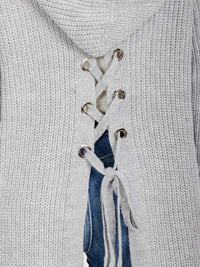 WOMEN'S LONG SLEEVE OPEN FRONT POCKETS BACK LACE UP KNIT HOODED CARDIGAN