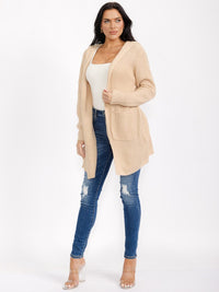 WOMEN'S LONG SLEEVE OPEN FRONT POCKETS BACK LACE UP KNIT HOODED CARDIGAN