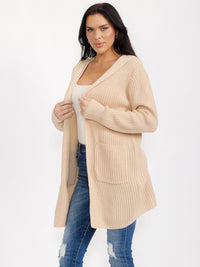 WOMEN'S LONG SLEEVE OPEN FRONT POCKETS BACK LACE UP KNIT HOODED CARDIGAN