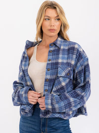 WOMEN'S LONG SLEEVE BUTTON CLOSURE FRONT POCKETS PLAID JACKET