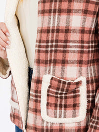 WOMEN'S LONG SLEEVE OPEN FRONT HOODED PLAID SHERPA JACKET