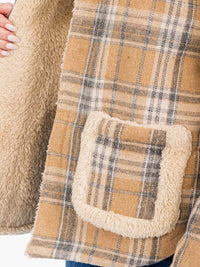 WOMEN'S LONG SLEEVE OPEN FRONT HOODED PLAID SHERPA JACKET