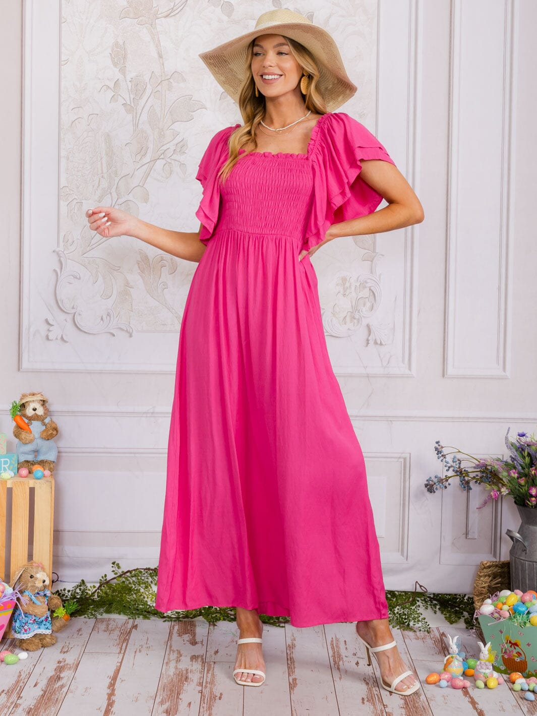 WOMEN'S SHORT SLEEVE SQUARE NECK SMOCK TIERED MAXI DRESS