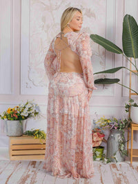 PLUS SIZE LONG SLEEVE V-NECK OPEN BACK MULTI PRINT MAXI DRESS