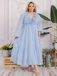 PLUS SIZE LONG SLEEVE V-NECK RUFFLE OPEN BACK TIE MAXI DRESS