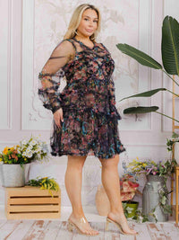 PLUS SIZE LONG SLEEVE TIERED RUFFLE FLORAL MINI DRESS