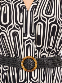 WOMEN'S LONG SLEEVE V-NECK BELTED PRINT MAXI DRESS