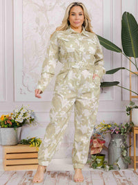 PLUS SIZE LONG SLEEVE BUTTON UP SMOCK WAIST BELTED FLORAL PRINT JUMPSUIT
