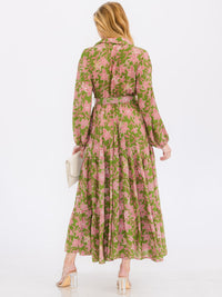 WOMEN'S LONG SLEEVE SURPLICE FRONT POCKETS BELTED FLORAL MAXI DRESS
