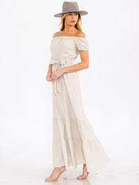 WOMEN'S OFF SHOULDER SELD TIE TIERED MAXI DRESS