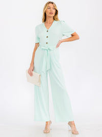 WOMEN'S SHORT SLEEVE BUTTON UP SELF TIE FRONT POCKETS WIDE LEG JUMPSUIT