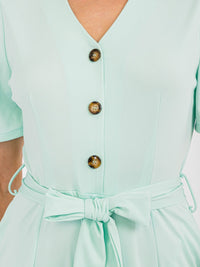 WOMEN'S SHORT SLEEVE BUTTON UP SELF TIE FRONT POCKETS WIDE LEG JUMPSUIT