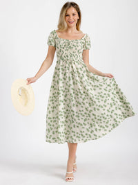 WOMEN'S SHORT SLEEVE OFF SHOULDER SMOCK FLORAL MIDI DRESS