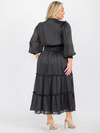 PLUS SIZE LONG SLEEVE V-NECK ELASTIC WAIST TIERED MAXI DRESS