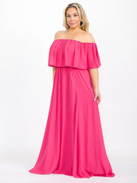 PLUS SIZE SHORT SLEEVE OFF SHOULDER ELASTIC WAIST MAXI DRESS