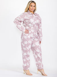 PLUS SIZE LONG SLEEVE BUTTON UP SMOCK WAIST BELTED FLORAL PRINT JUMPSUIT