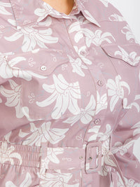 PLUS SIZE LONG SLEEVE BUTTON UP SMOCK WAIST BELTED FLORAL PRINT JUMPSUIT