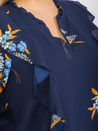 PLUS SIZE LONG SLEEVE RUFFLE V-NECK FLORAL BLOUSE