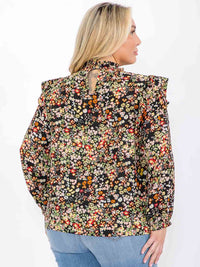 PLUS SIZE LONG SLEEVE MOCK NECK SMOCK FLORAL BLOUSE