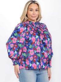PLUS SIZE LONG SLEEVE MOCK NECK SMOCK FLORAL BLOUSE