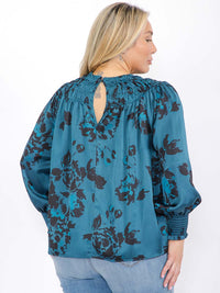 PLUS SIZE LONG SLEEVE MOCK NECK SMOCK FLORAL BLOUSE