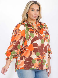 PLUS SIZE LONG SLEEVE RUFFLE V-NECK FLORAL BLOUSE