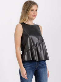 WOMEN'S SLEEVELESS PU PLEATHER CONTRAST TANK TOP