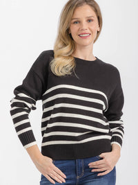 WOMEN'S LONG SLEEVE FRONT COLORBLOCK STRIPES PULLOVER SWEATER