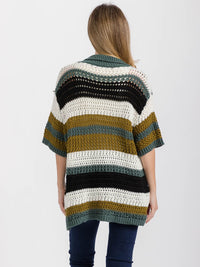 WOMEN'S SHORT SLEEVE BUTTON CLOSURE COLLAR COLORBLOCK OVERSIZED KNIT CARDIGAN