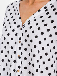 WOMEN'S SHORT RUFFLE SLEEVES BUTTON CLOSURE POLKA DOTS BLOUSE