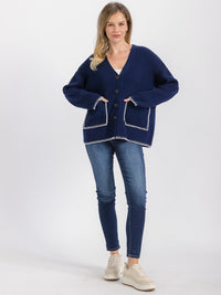WOMEN'S LONG SLEEVE FRONT POCKETS BUTTON CLOSURE TRIM DETAILED CARDIGAN