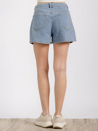 WOMEN'S BUTTON CLOSURE FRONT POCKET GRAPHIC SEQUINS PATRIOTIC DENIM MINI SHORT
