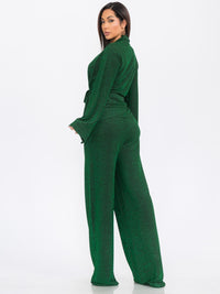 WOMEN'S LONG SLEEVE CARDIGAN WITH CROP TOP & WIDE LEG PANTS SHIMMER 3PC. SET