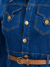 WOMEN'S LONG SLEEVE BUTTON UP FRONT BELT POCKETS DENIM MIDI DRESS