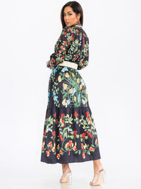 WOMEN'S LONG SLEEVE BUTTON UP FRONT BELT FLORAL MAXI DRESS