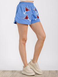 WOMEN'S ELASTIC WAIST FRONT POCKET GRAPHIC SEQUINS PATRIOTIC MINI SHORT