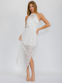 WOMEN'S SLEEVELESS HALTER NECK SIDE SLIT LACE MAXI DRESS
