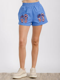 WOMEN'S ELASTIC WAIST FRONT POCKET GRAPHIC SEQUINS PATRIOTIC MINI SHORT